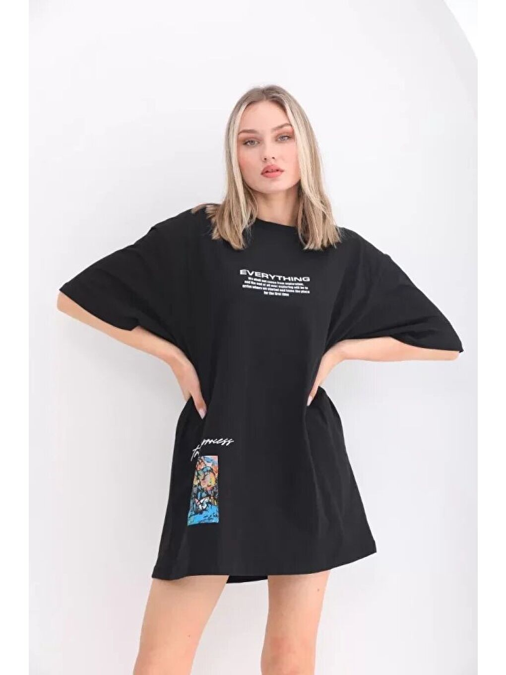 Unisex Bisiklet Yaka Baskılı Oversize T-Shirt - Siyah-2