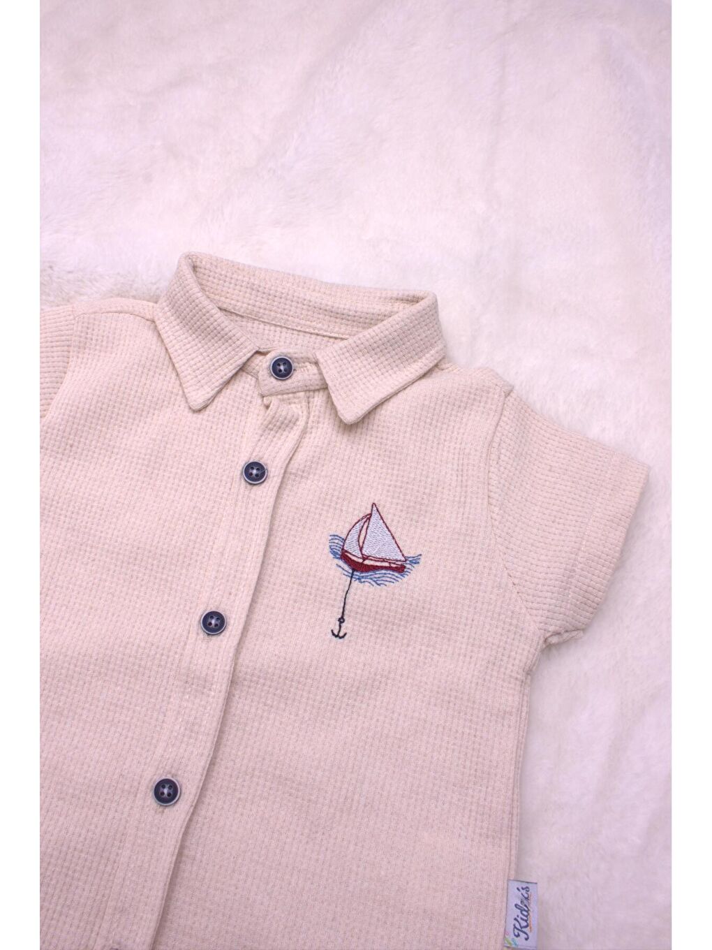 Ekru Tarz Erkek Bebek Gömlekli Yelken Desenli Belden Ayarlanabilir Kısa Kollu Şortlu 2'li Takım-3