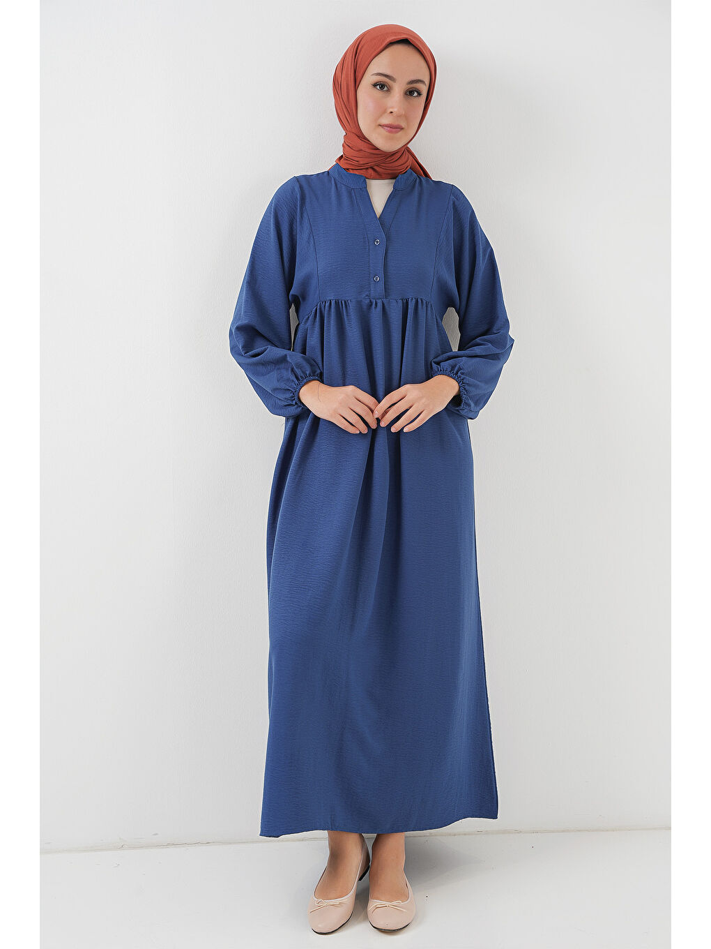 Kadın Uzun Tesettür Elbise 2525 - İndigo-2