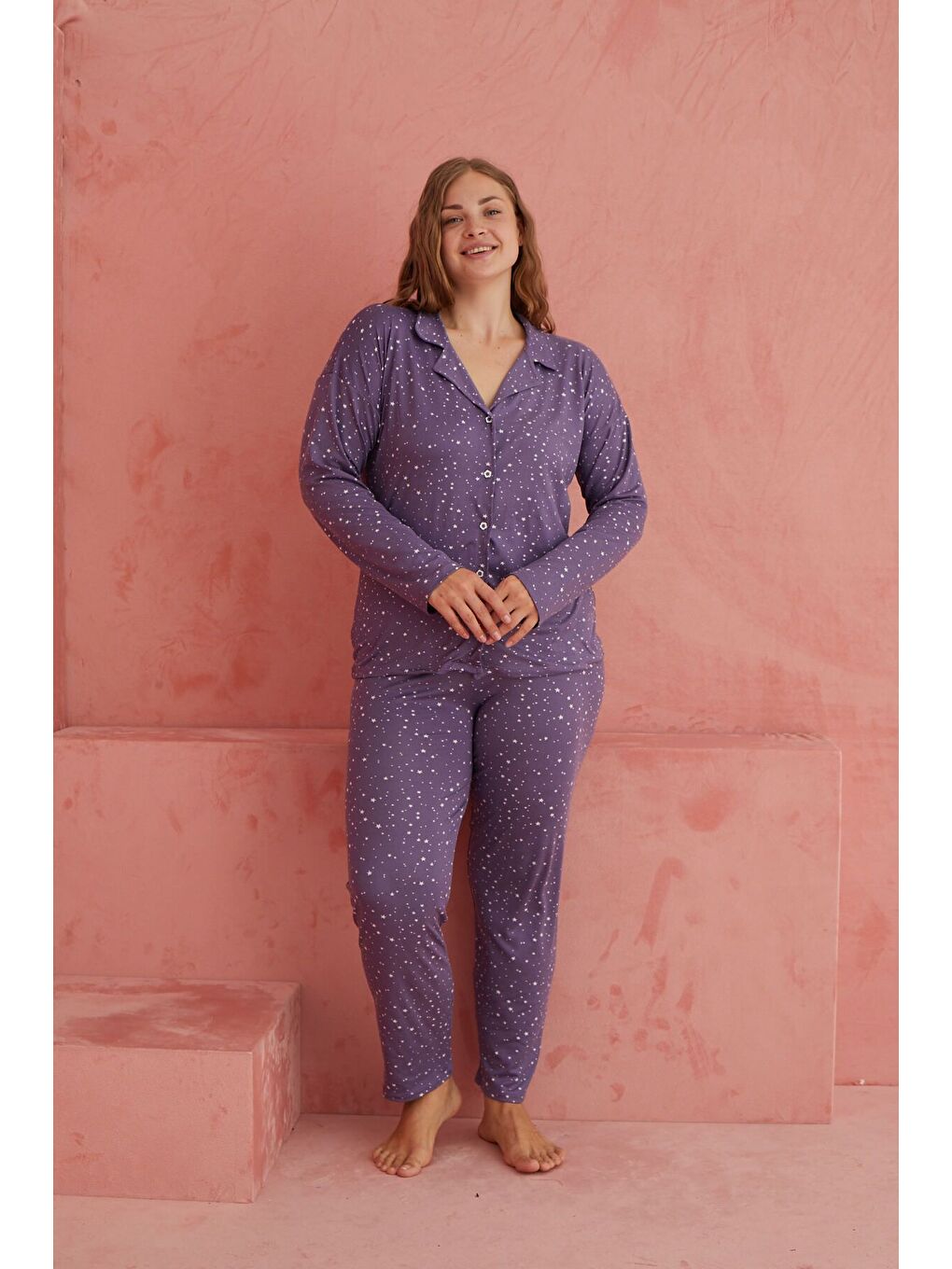Lila Yıldız Desenli Bambu Önden Düğmeli Uzun Kol Pijama Takımı 1201B 24