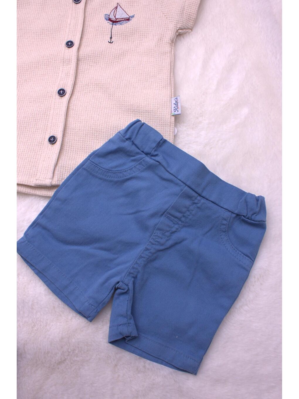 Ekru Tarz Erkek Bebek Gömlekli Yelken Desenli Belden Ayarlanabilir Kısa Kollu Şortlu 2'li Takım-4