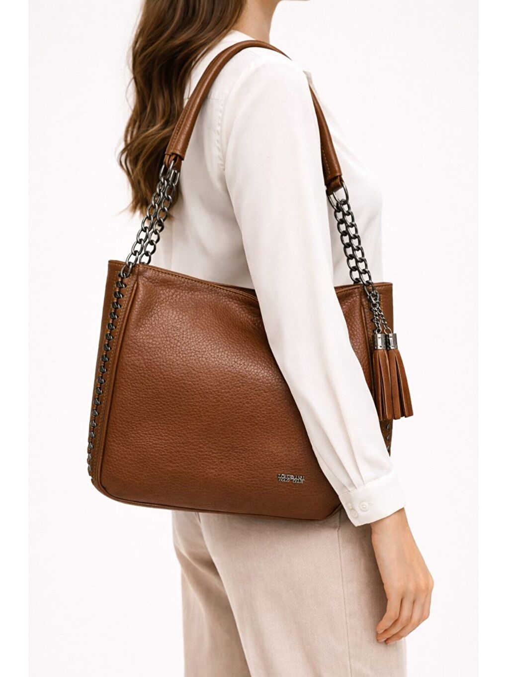 Kahverengi Kadın Hakiki Deri Görünümlü Zincir Askılı Omuz Çantası 12654-1