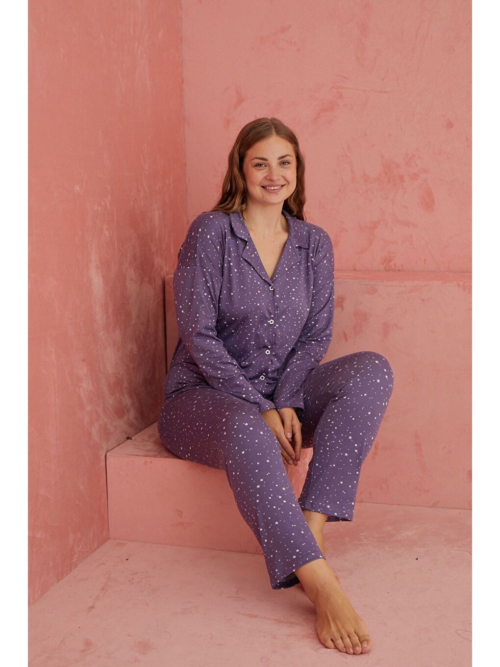 Lila Yıldız Desenli Bambu Önden Düğmeli Uzun Kol Pijama Takımı 1201B 24-1
