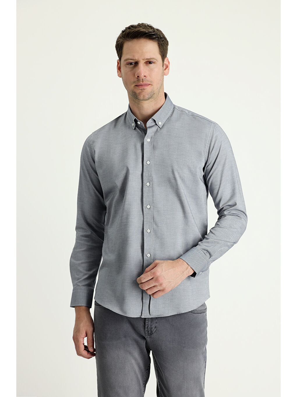 Lacivert Uzun Kol Slim Fit Dar Kesim Oxford Pamuk Düğmeli Yaka %100 Pamuk Gömlek