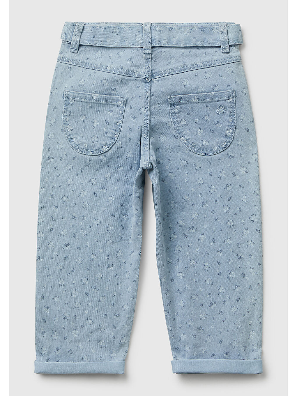 Kız Çocuk Açık Mavi Çiçek Desenli Beli Bağlamalı Paçası Kıvrık Denim Pantolon-1