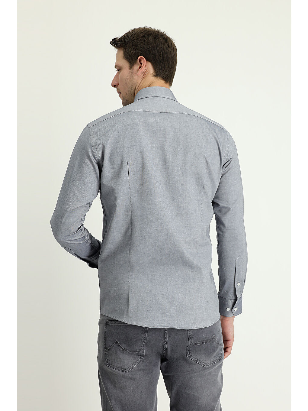 Lacivert Uzun Kol Slim Fit Dar Kesim Oxford Pamuk Düğmeli Yaka %100 Pamuk Gömlek-1