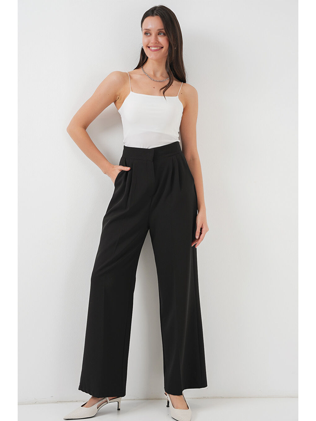 Kadın Yüksek Bel Bol Kumaş Pantolon 6697 - Siyah