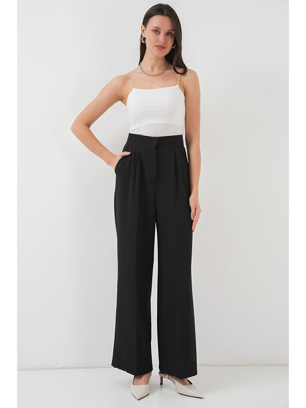 Kadın Yüksek Bel Bol Kumaş Pantolon 6697 - Siyah-2