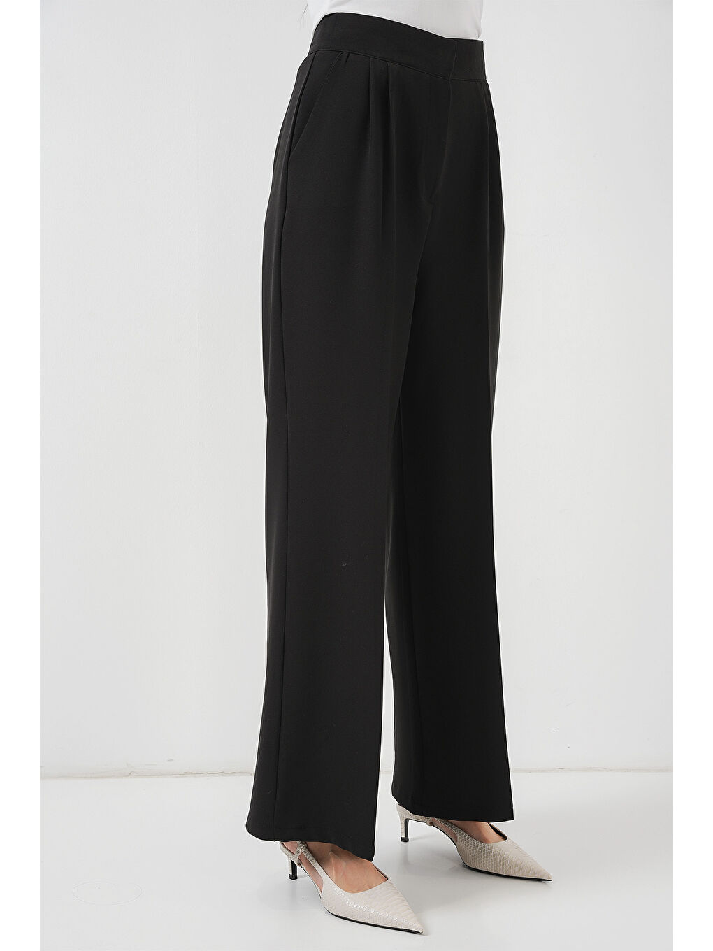 Kadın Yüksek Bel Bol Kumaş Pantolon 6697 - Siyah-3