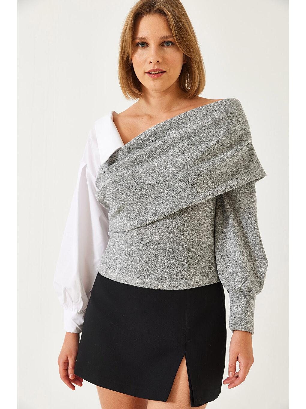 Gri Kadın Gömlek Kollu Tasarım Triko Kazak-1