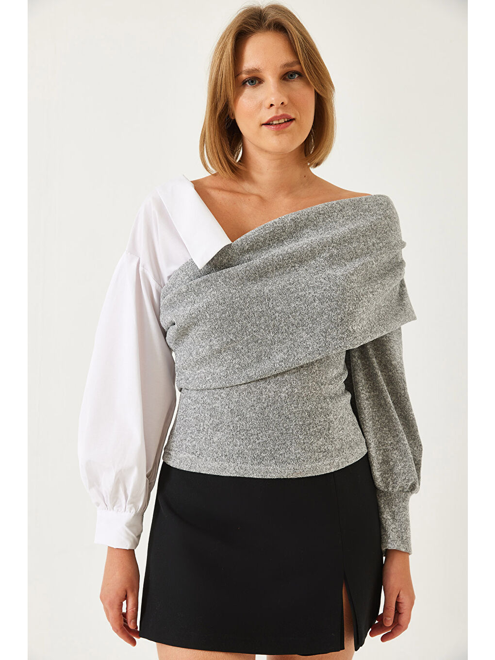 Gri Kadın Gömlek Kollu Tasarım Triko Kazak-2