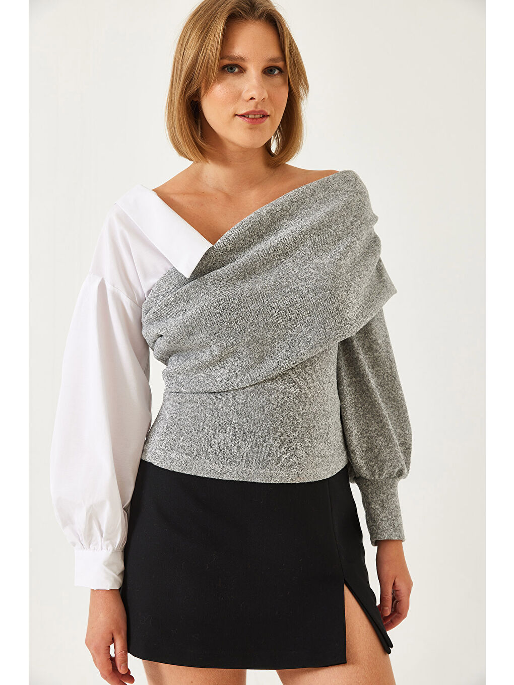 Gri Kadın Gömlek Kollu Tasarım Triko Kazak-3