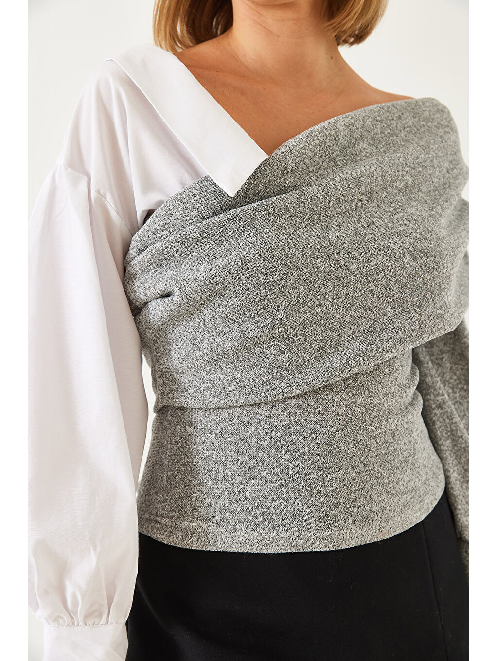 Gri Kadın Gömlek Kollu Tasarım Triko Kazak-4