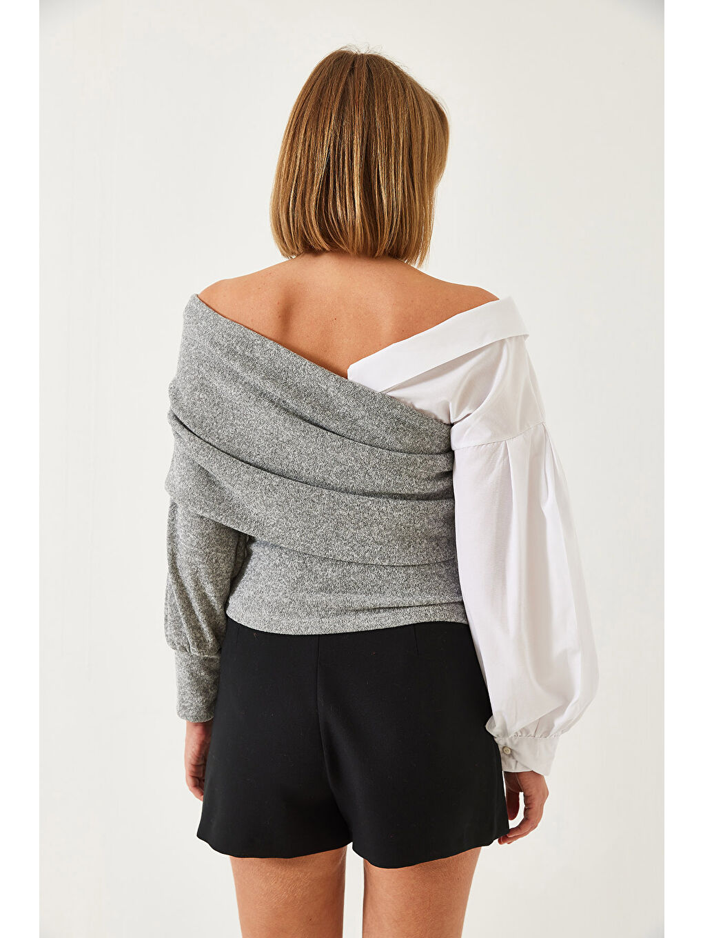 Gri Kadın Gömlek Kollu Tasarım Triko Kazak-5