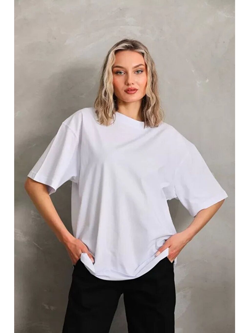 Unisex Bisiklet Yaka 20/1 Düz Oversize T-Shirt - Beyaz-1