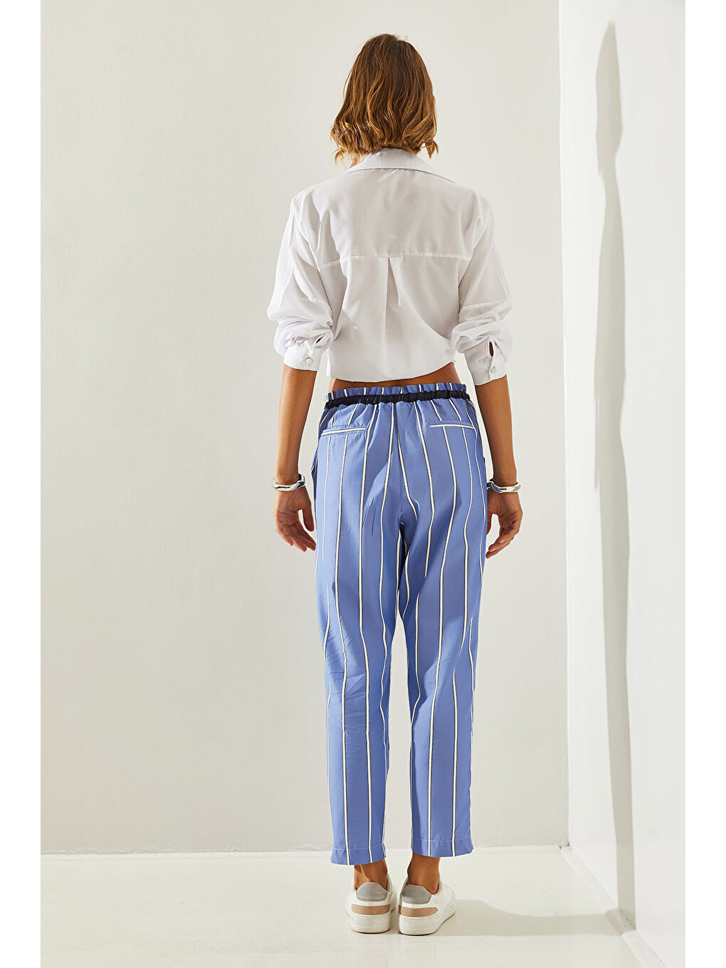 Mavi Çizgili Lastik Bel Bağlamalı Havuç Pantolon-2