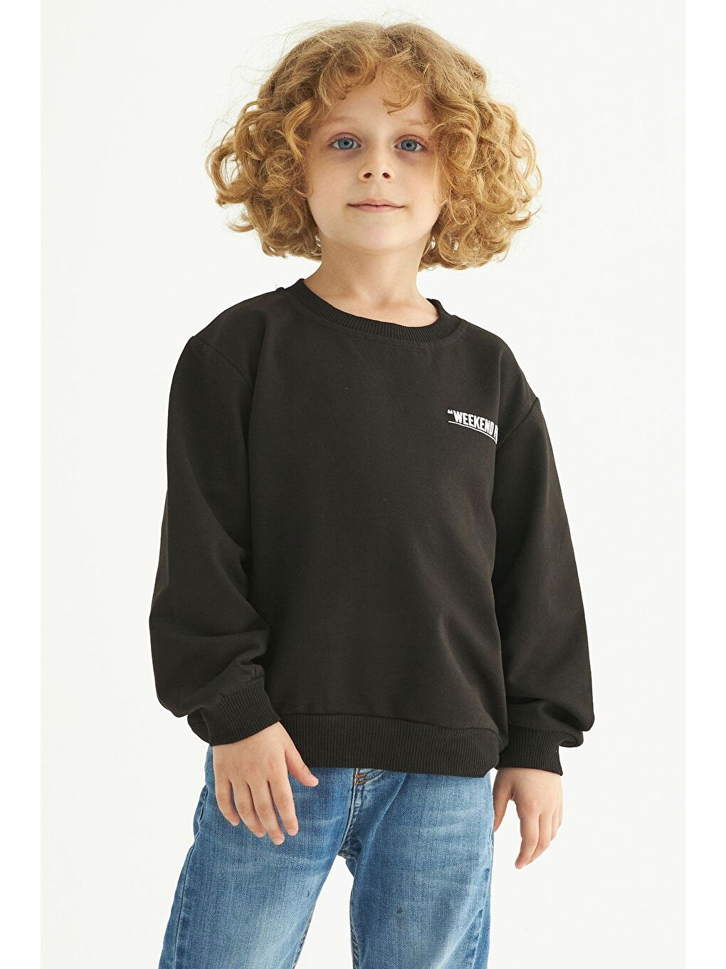 Siyah Bisiklet Yaka Weekend Feel Baskılı Erkek Çocuk Sweatshirt