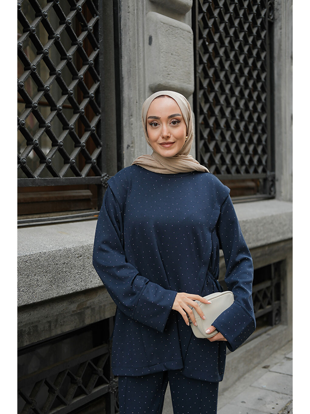 Kadın Taş Detay Beli Lastikli Takım Lacivert-4