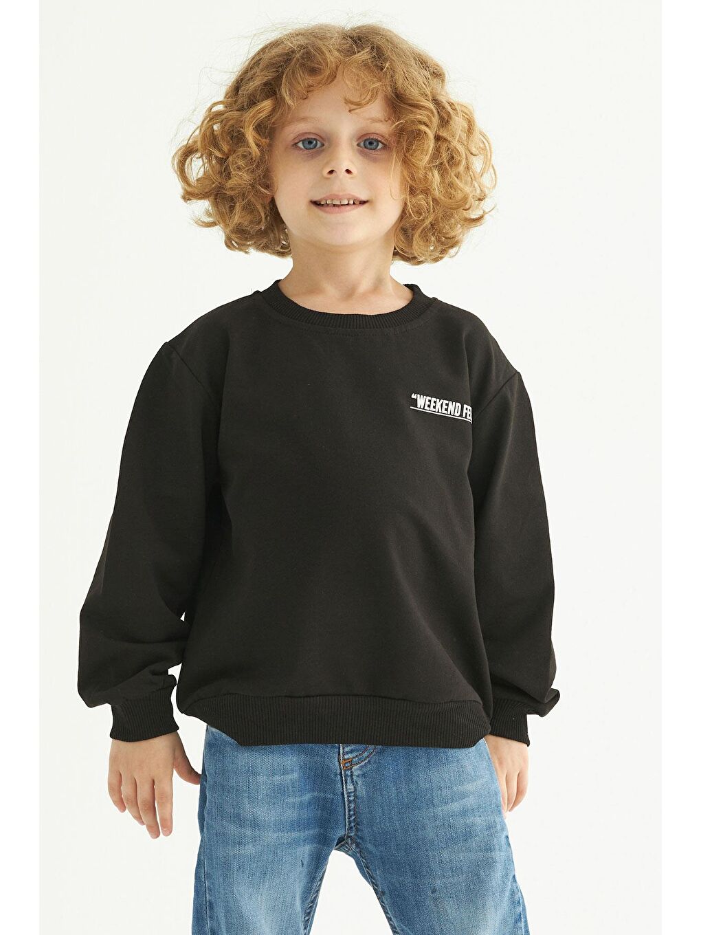 Siyah Bisiklet Yaka Weekend Feel Baskılı Erkek Çocuk Sweatshirt-1