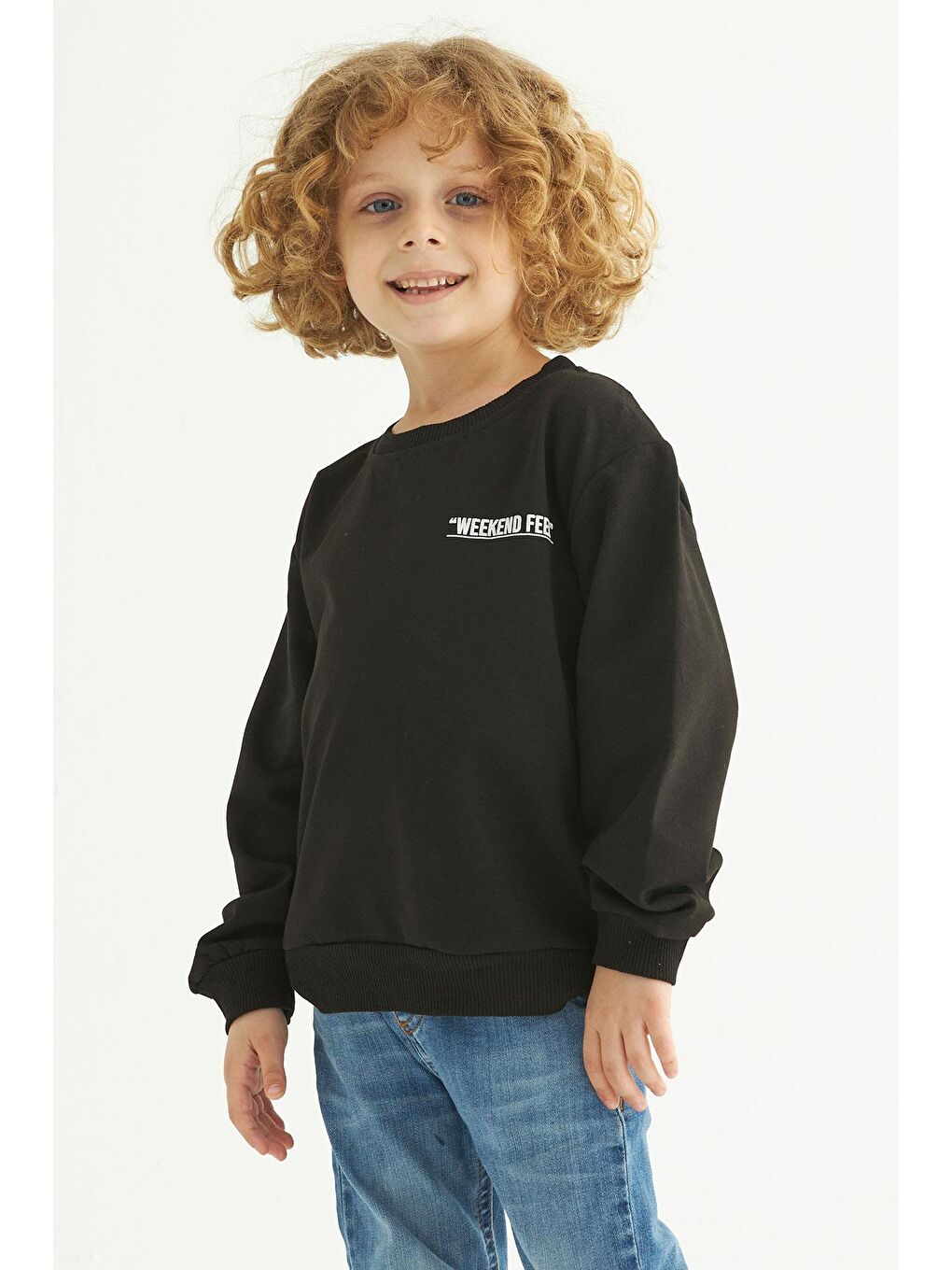 Siyah Bisiklet Yaka Weekend Feel Baskılı Erkek Çocuk Sweatshirt-2