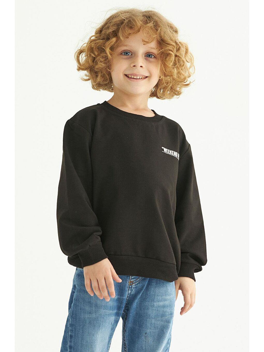 Siyah Bisiklet Yaka Weekend Feel Baskılı Erkek Çocuk Sweatshirt-3