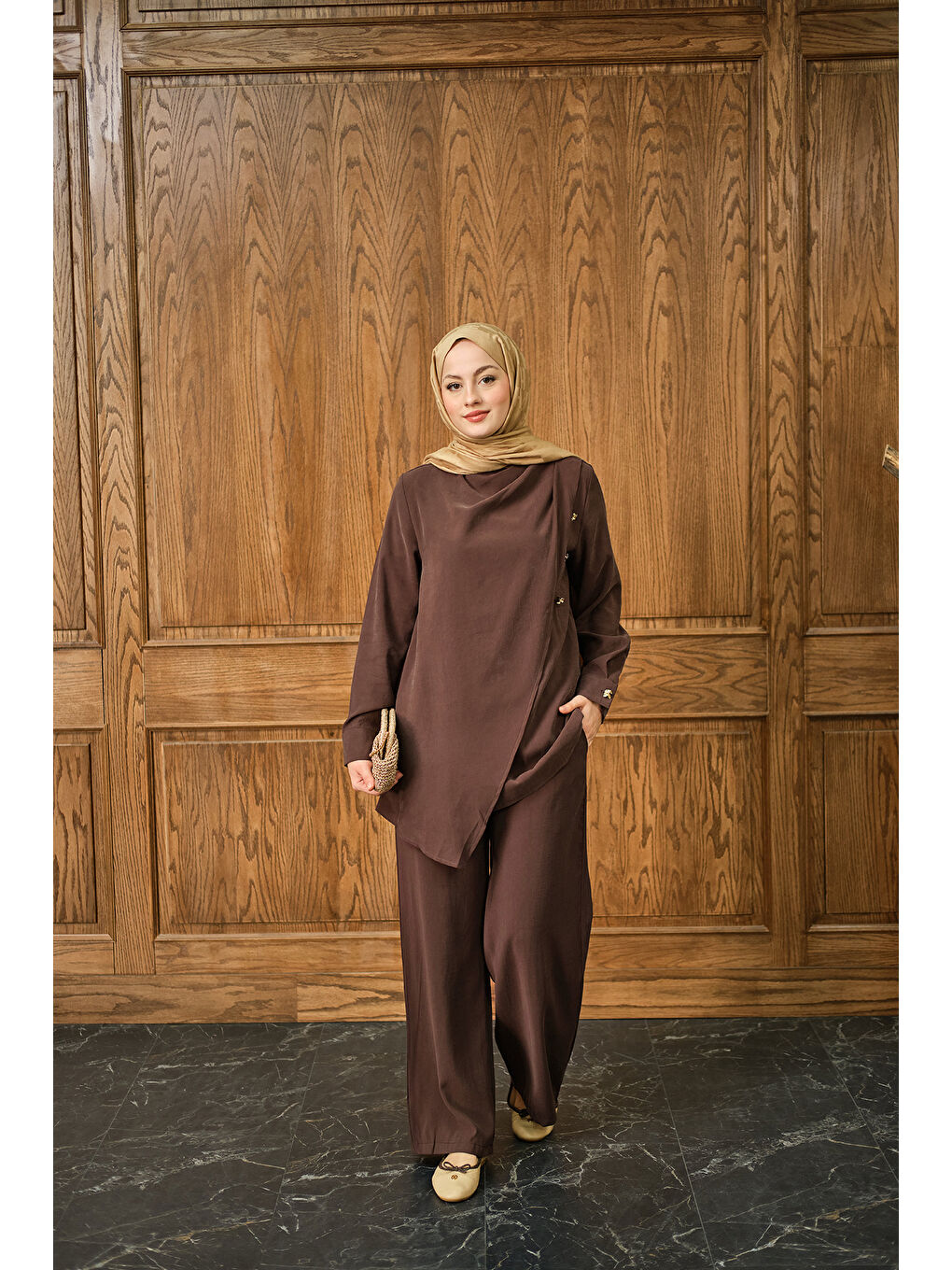 Kadın Yan Düğme Detay Takım Kahverengi-1