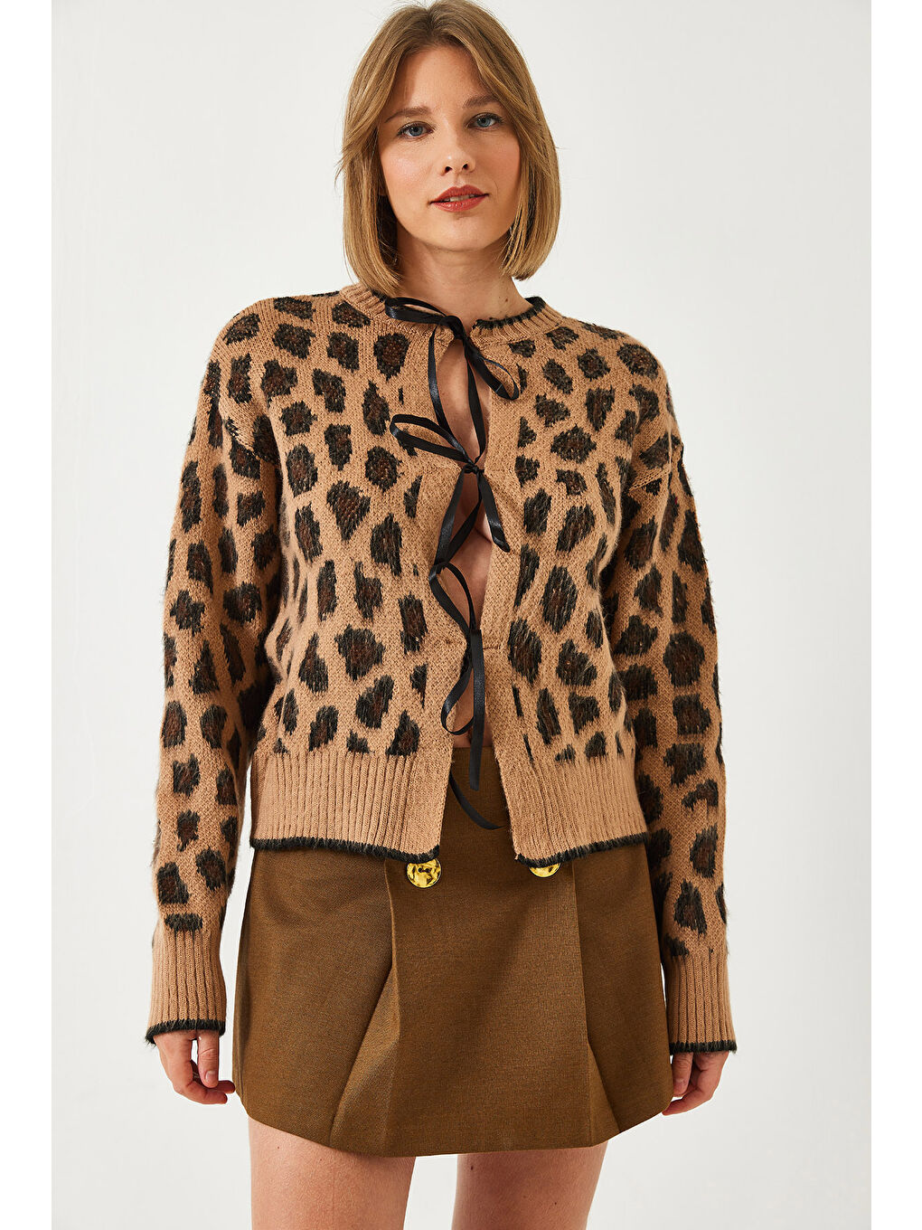 SHADE Kahverengi Kadın Leopar Desenli Triko Hırka - 1