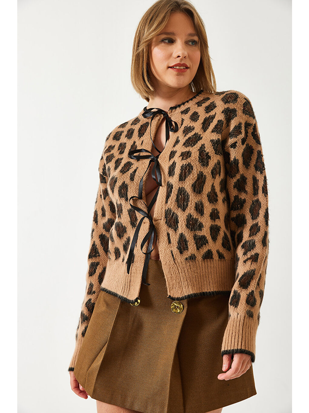 SHADE Kahverengi Kadın Leopar Desenli Triko Hırka - 3