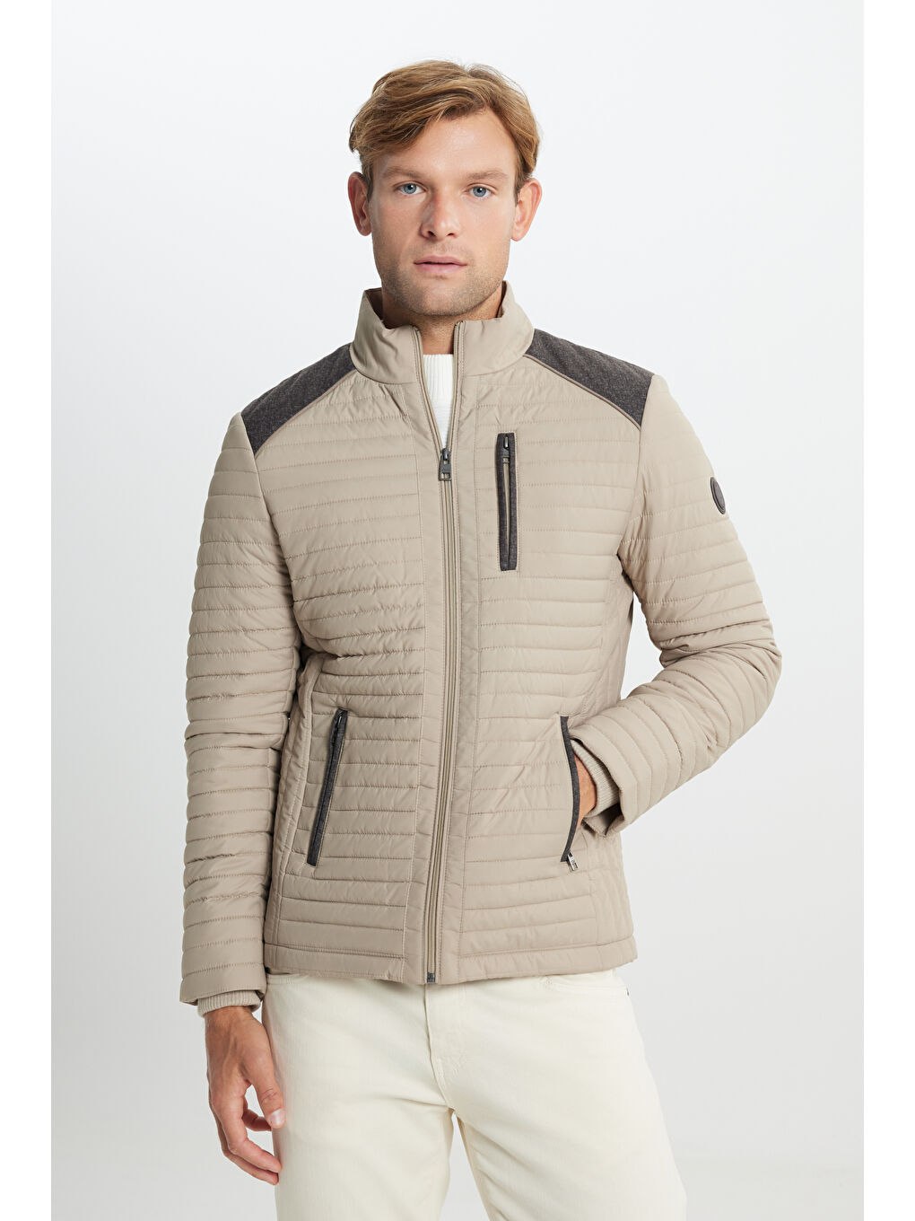 Erkek Bej Standart Fit Normal Kesim Kapitone Desenli Dik Yaka Fermuarlı Yan Cep Şişme Mont-2