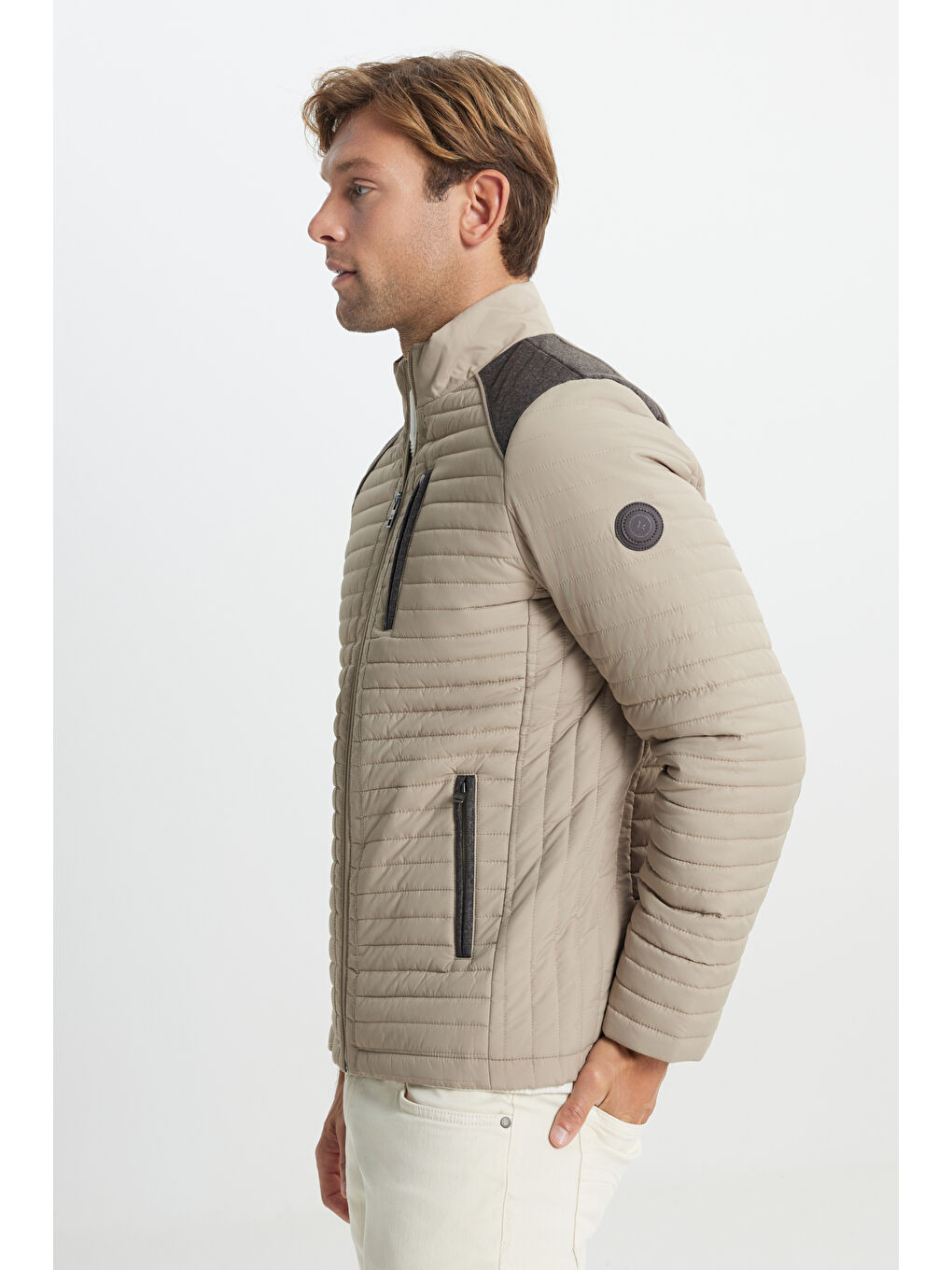 Erkek Bej Standart Fit Normal Kesim Kapitone Desenli Dik Yaka Fermuarlı Yan Cep Şişme Mont-3