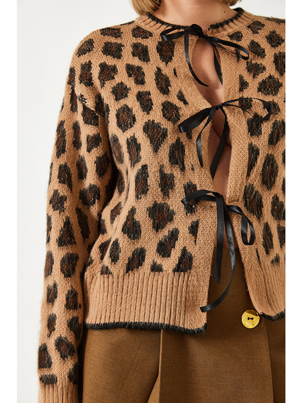 SHADE Kahverengi Kadın Leopar Desenli Triko Hırka - 5