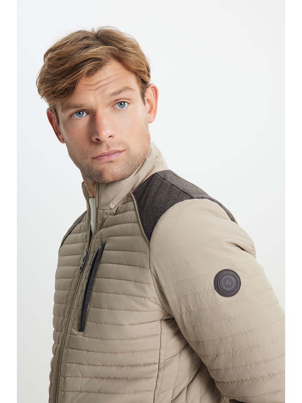 Erkek Bej Standart Fit Normal Kesim Kapitone Desenli Dik Yaka Fermuarlı Yan Cep Şişme Mont-4