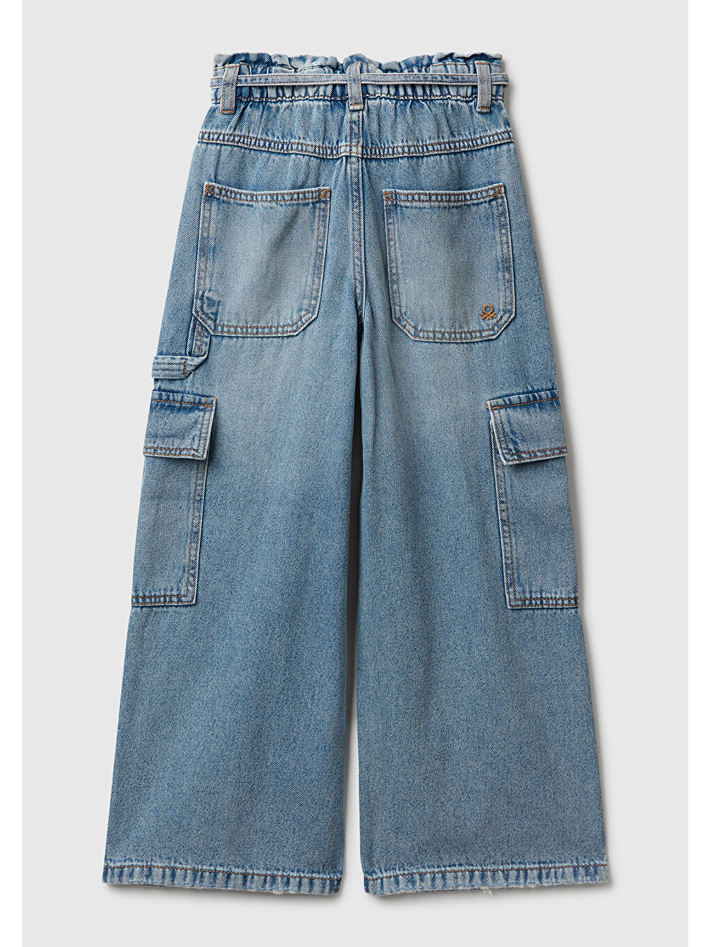 Kız Çocuk Koyu Mavi Beli Bağlamalı Kargo Stili Wide Fit Denim Pantolon-1