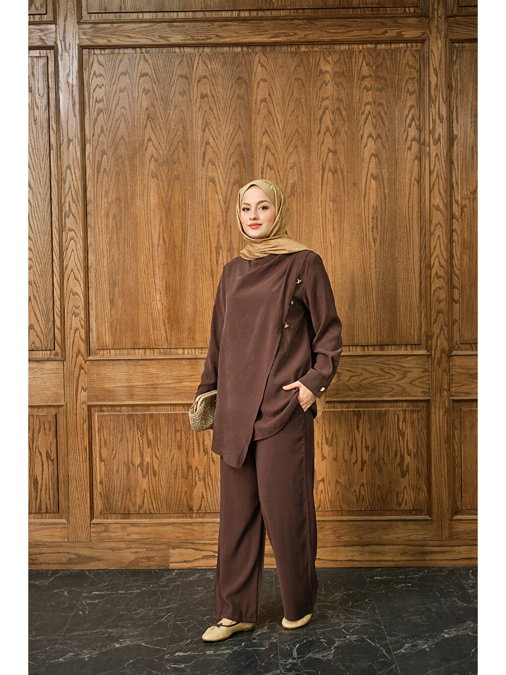 Kadın Yan Düğme Detay Takım Kahverengi-2