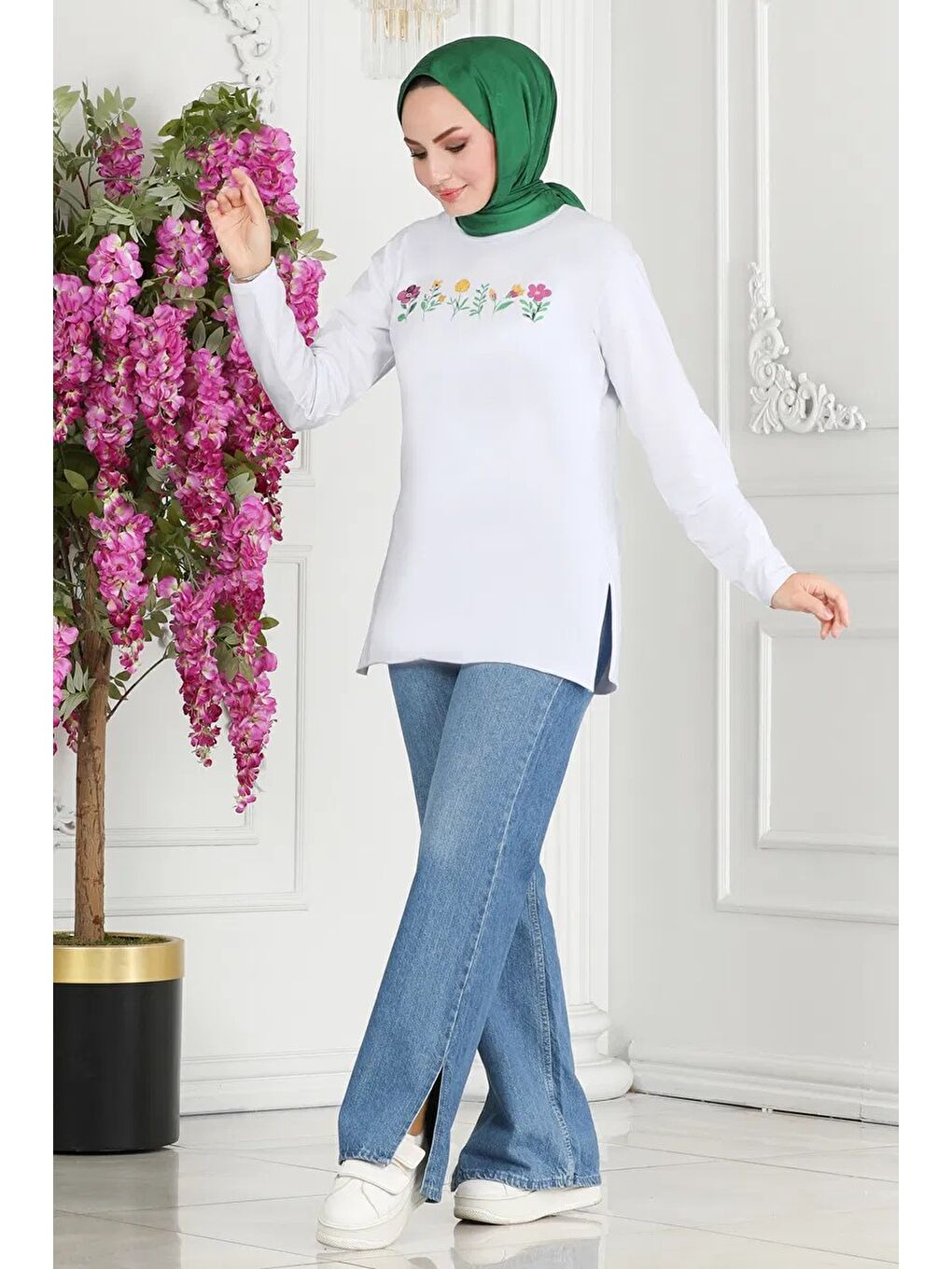 Kadın Bisiklet Yaka Çiçek Baskılı Tunik Ekru - 26628