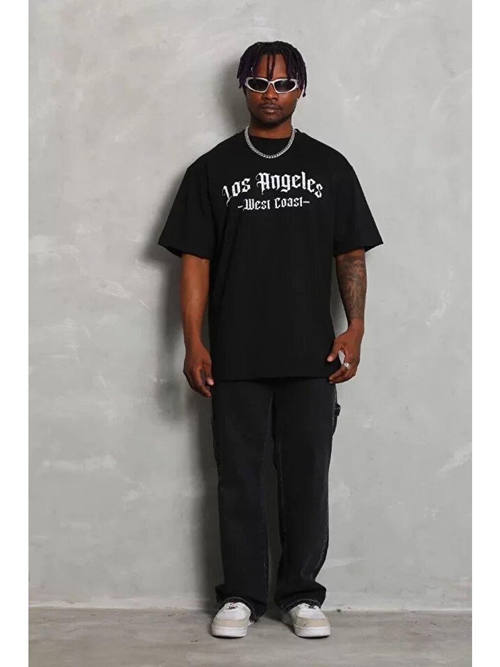 Unisex Oversize Baskılı Bisiklet Yaka T-Shirt - Siyah