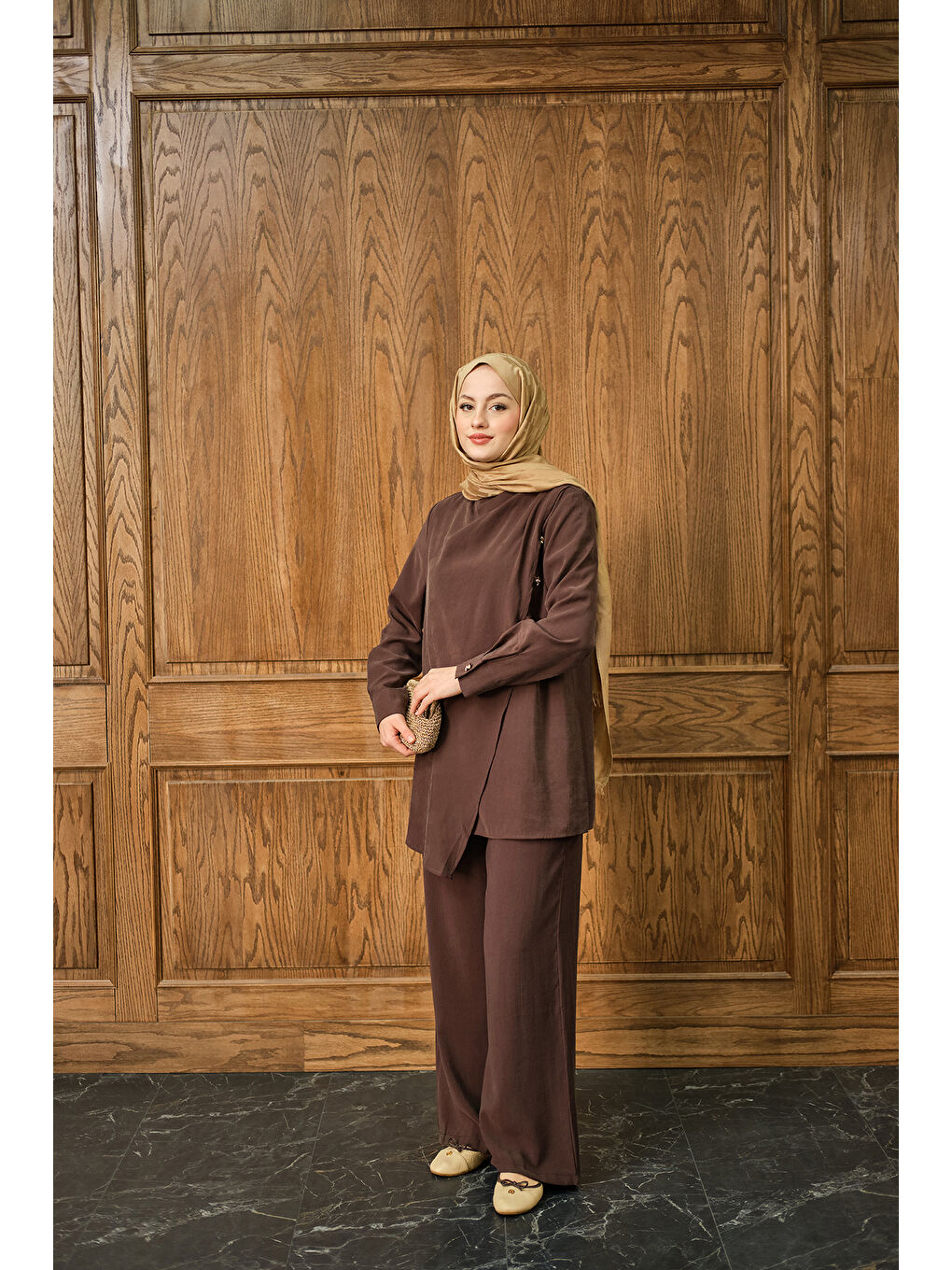 Kadın Yan Düğme Detay Takım Kahverengi-3