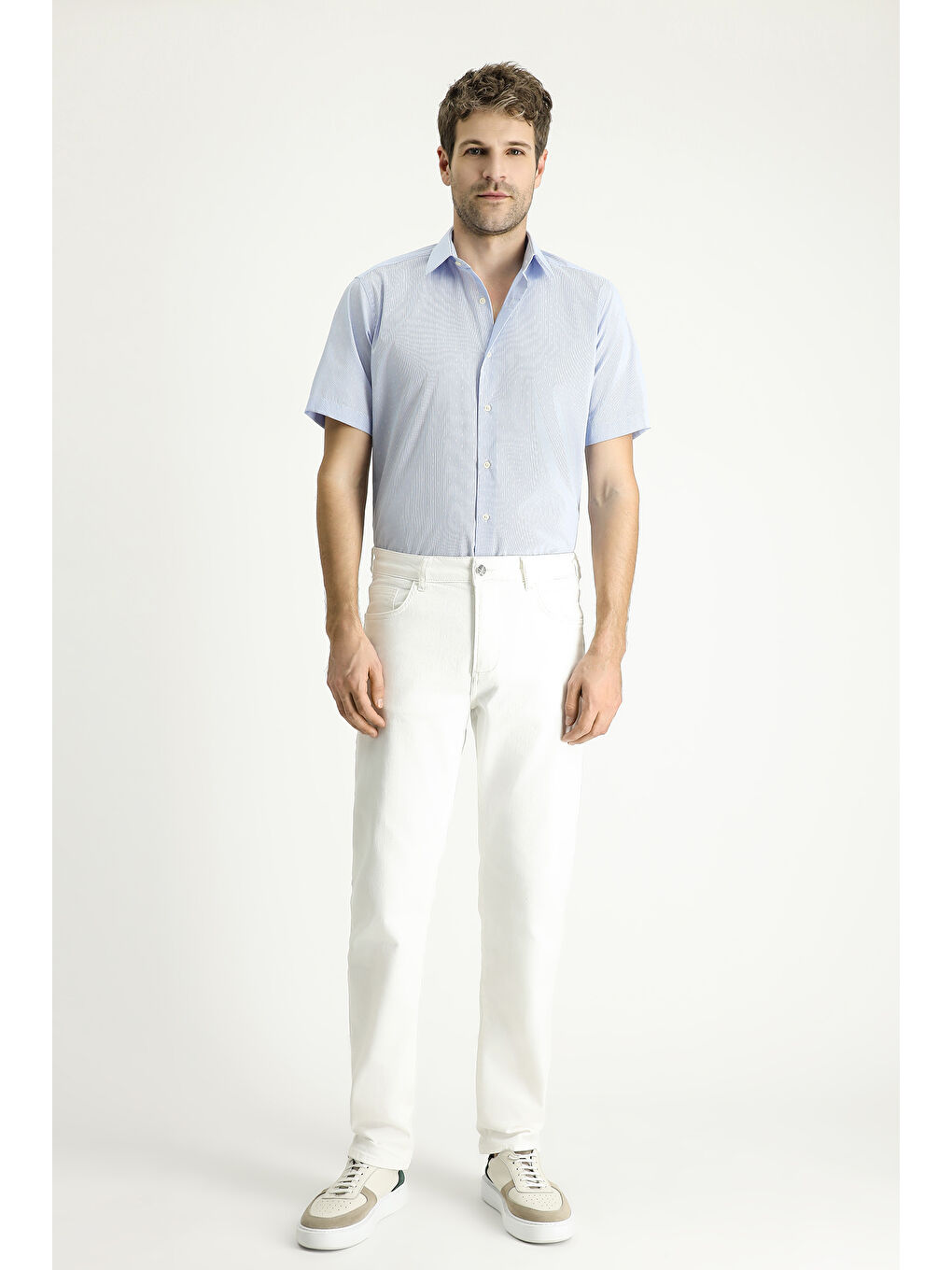 Mavi Kısa Kol Regular Fit Desenli Pamuklu Kolay Ütülenebilir Büyük Beden Gömlek-1