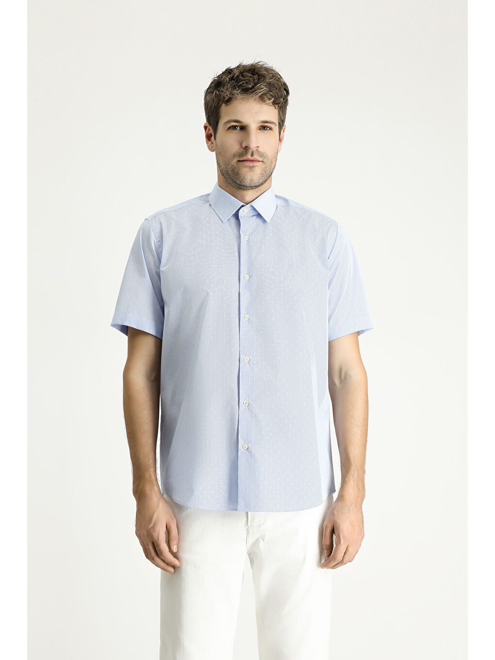 Mavi Kısa Kol Regular Fit Desenli Pamuklu Kolay Ütülenebilir Büyük Beden Gömlek-2