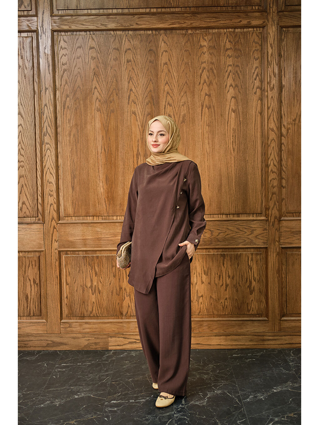 Kadın Yan Düğme Detay Takım Kahverengi-4