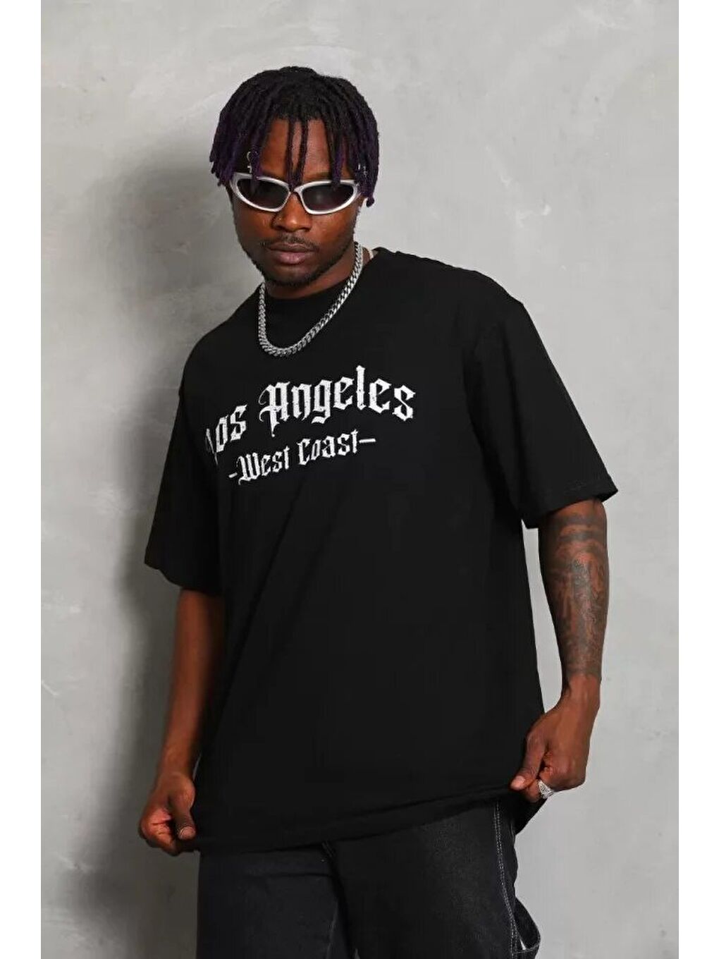 Unisex Oversize Baskılı Bisiklet Yaka T-Shirt - Siyah-2