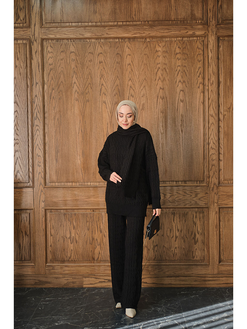 Kadın Atkı Detaylı Örgü Takım Siyah-1