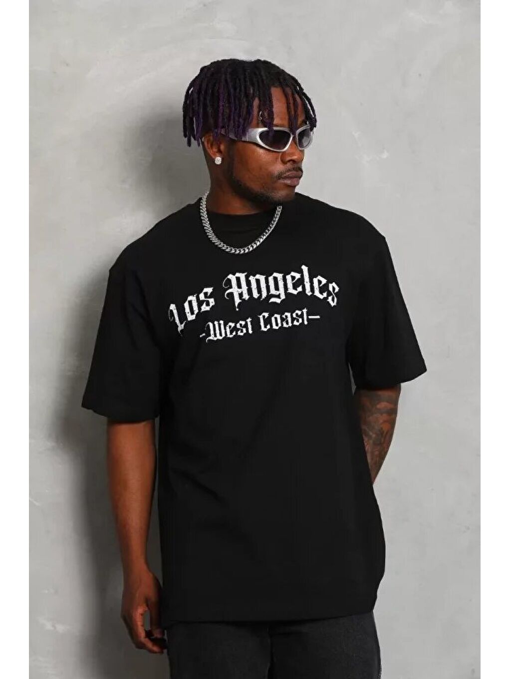 Unisex Oversize Baskılı Bisiklet Yaka T-Shirt - Siyah-3