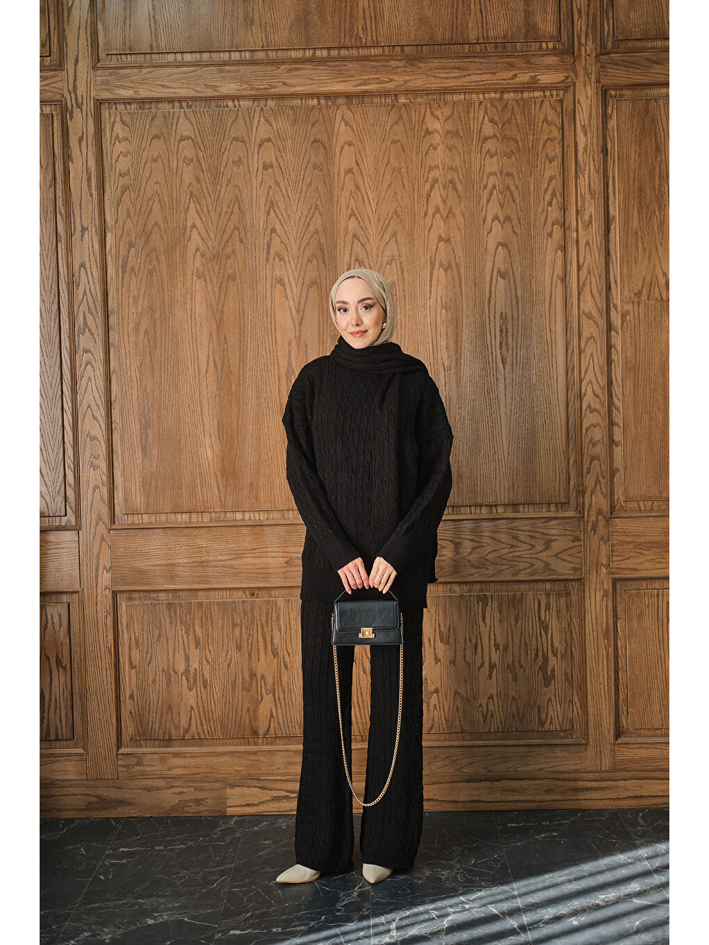 Kadın Atkı Detaylı Örgü Takım Siyah-2