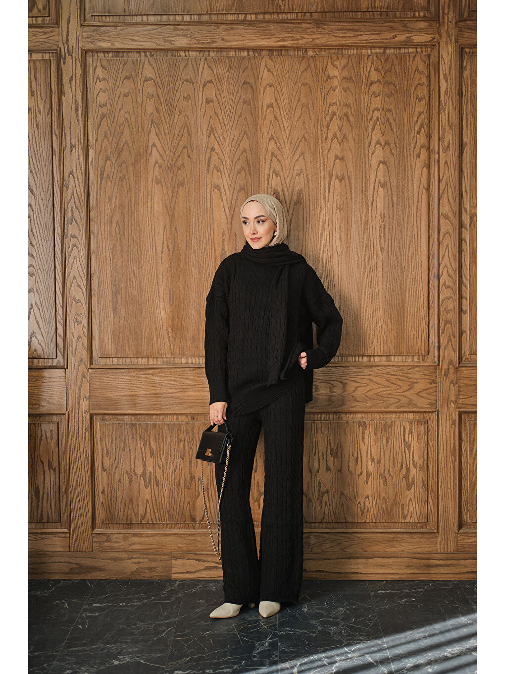 Kadın Atkı Detaylı Örgü Takım Siyah-3