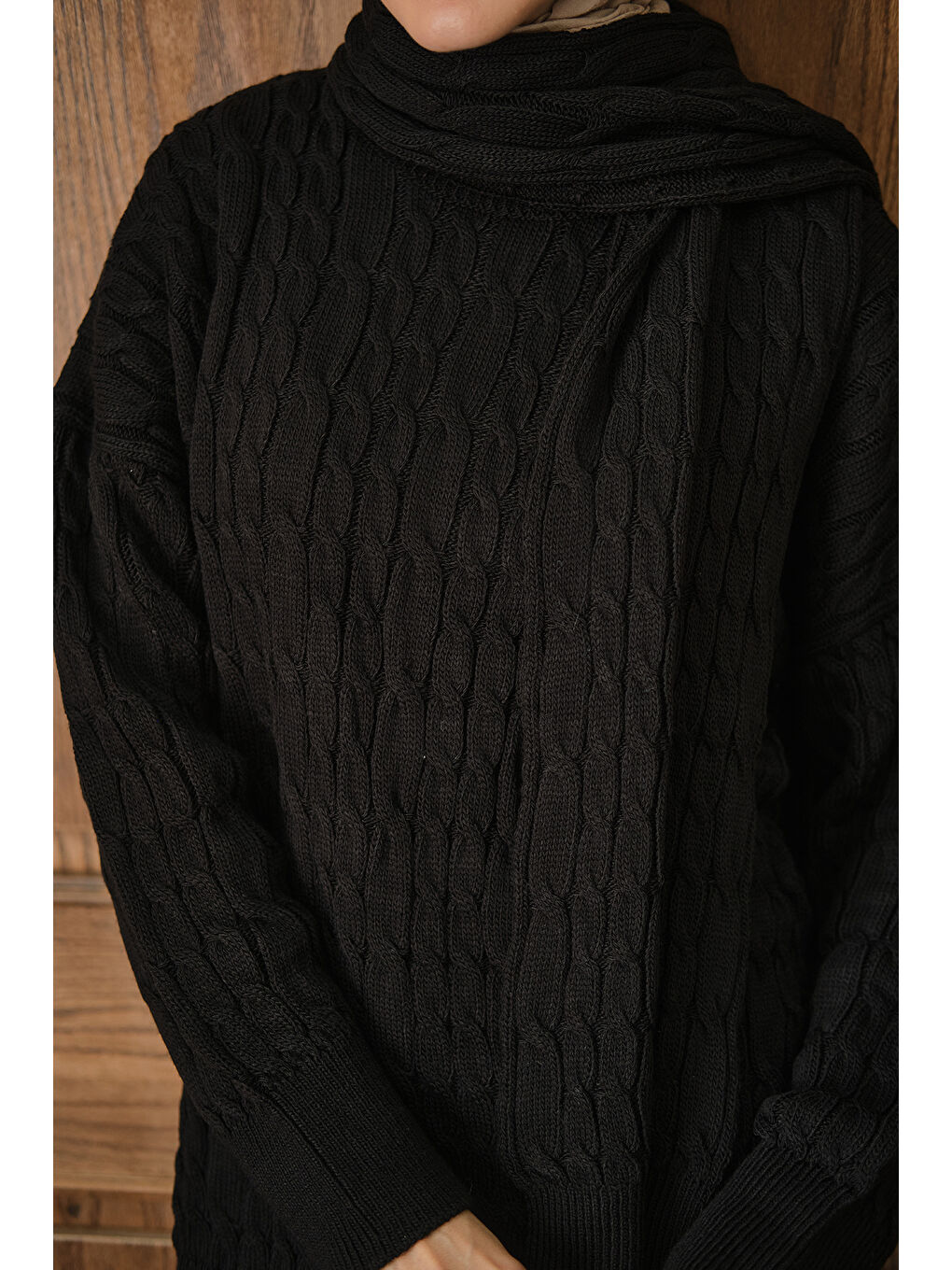 Kadın Atkı Detaylı Örgü Takım Siyah-4