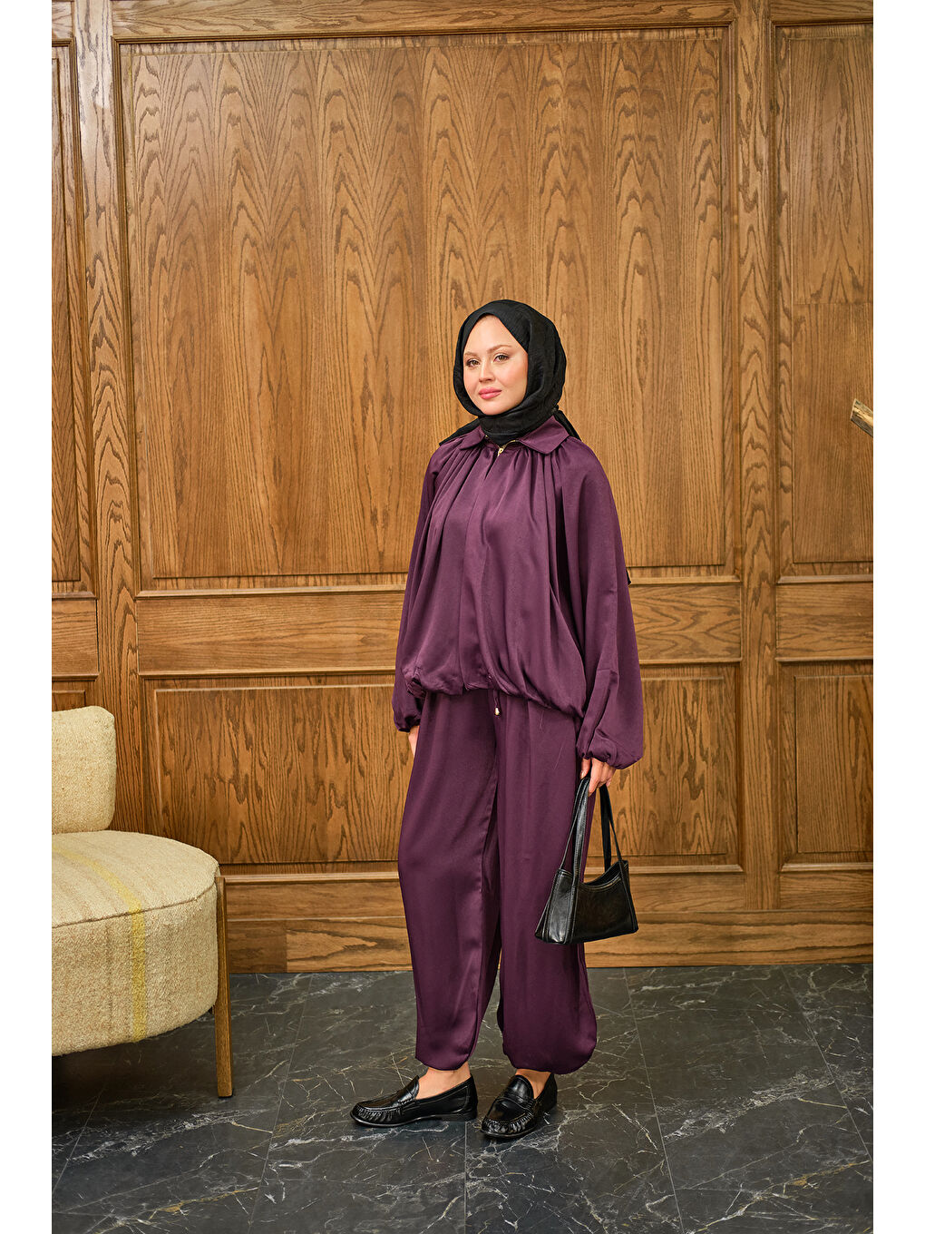 Kadın Gizli Fermuar Detay Takım Mürdüm-1