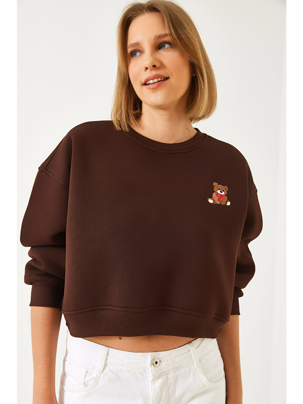 Kahverengi Kadın Üç İplik Şardonlu Ayıcık İşlemeli Sweatshirt