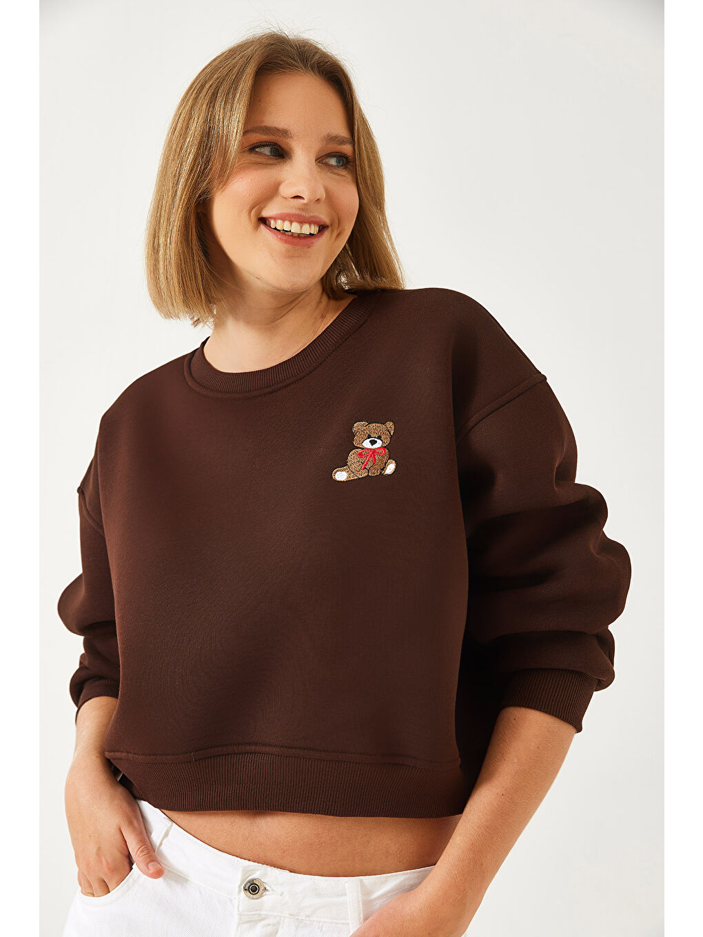 Kahverengi Kadın Üç İplik Şardonlu Ayıcık İşlemeli Sweatshirt-1