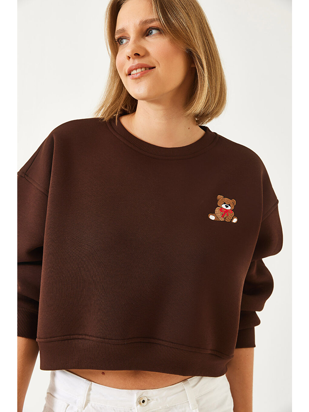 Kahverengi Kadın Üç İplik Şardonlu Ayıcık İşlemeli Sweatshirt-2
